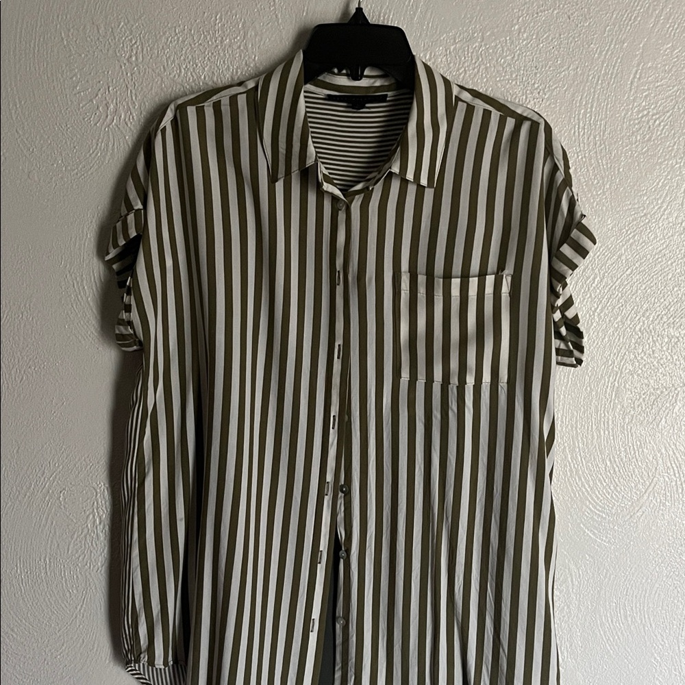 Jane and Delancey Olive and White Striped Button Down Shirt